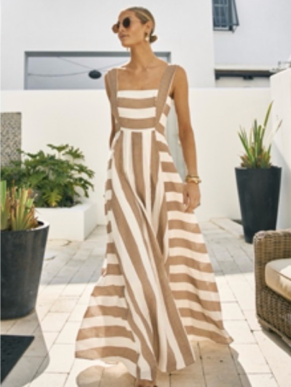 ANTONIO MELANI Beige and White Striped Maxi Dress